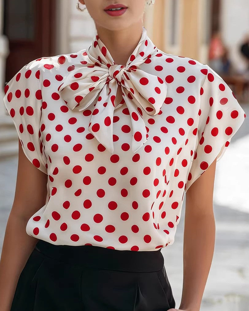 Vintage Dot Print Bow Neck Cap Sleeve Blouse - Red