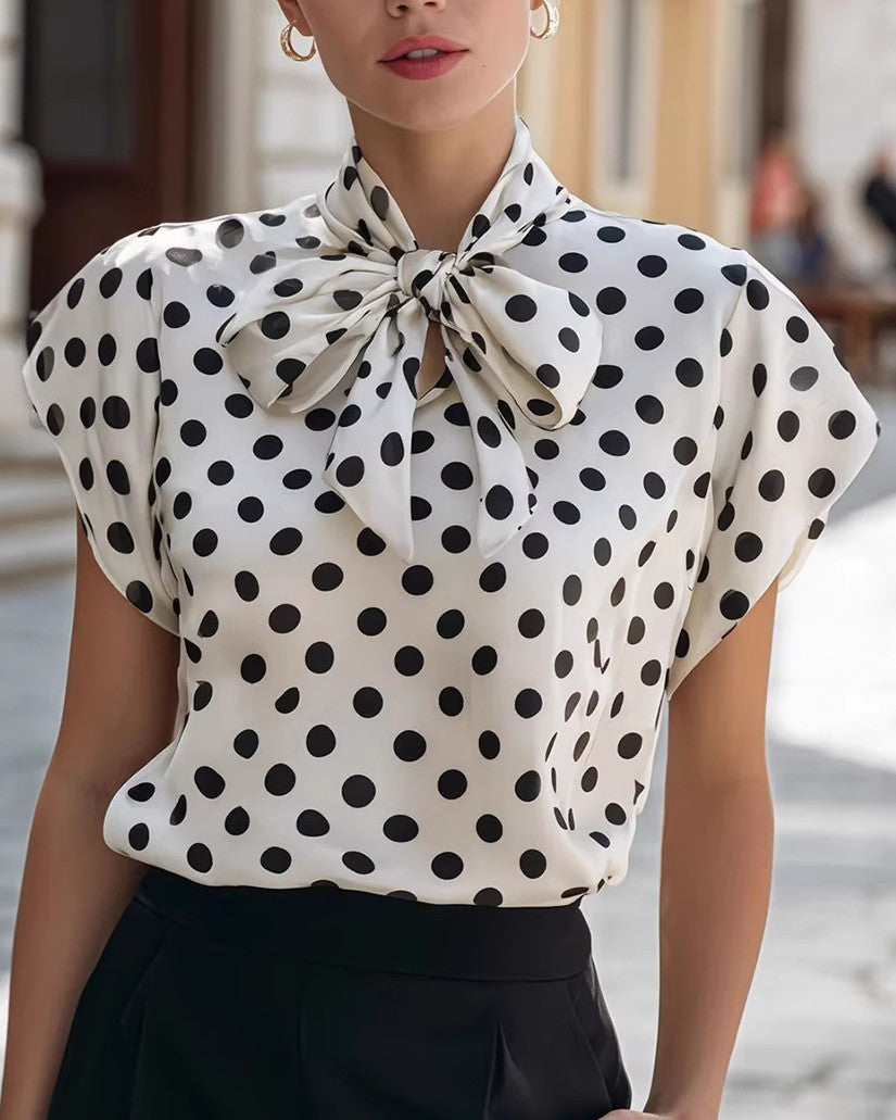 Vintage Dot Print Bow Neck Cap Sleeve Blouse - White
