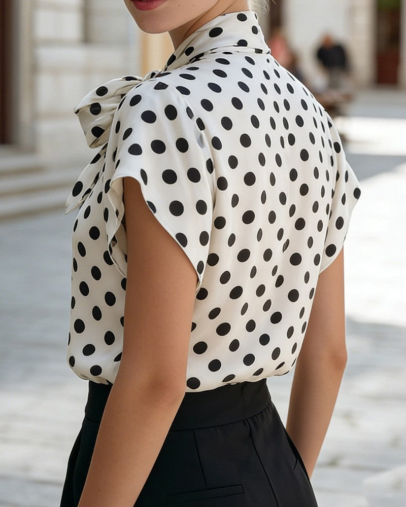Vintage Dot Print Bow Neck Cap Sleeve Blouse - White - 1