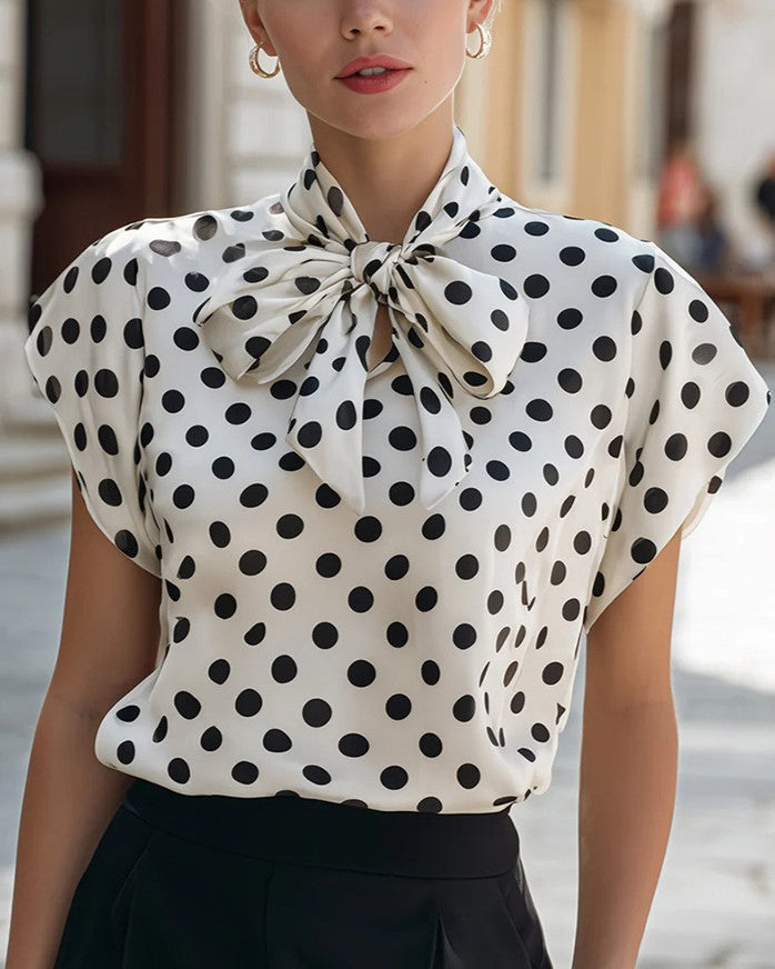 Vintage Dot Print Bow Neck Cap Sleeve Blouse - White - 2