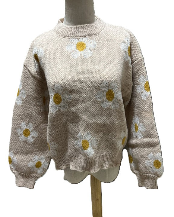 Daisy Jacquard Drop Shoulder Knit Sweater - Apricot