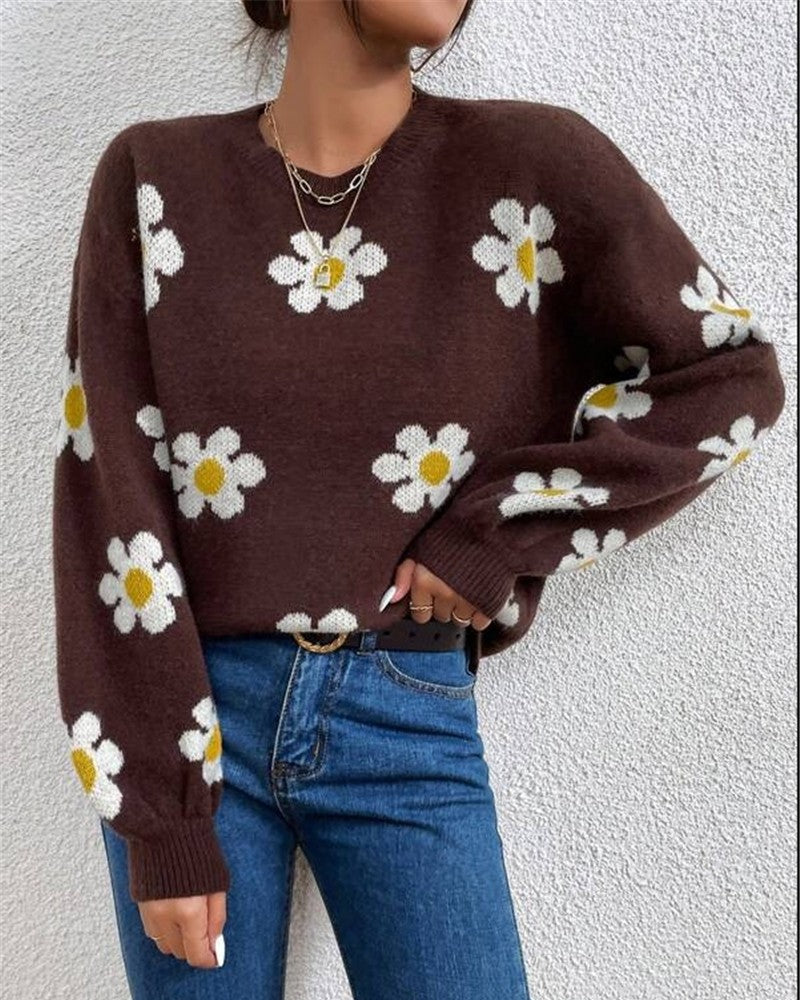 Daisy Jacquard Drop Shoulder Knit Sweater - Curry