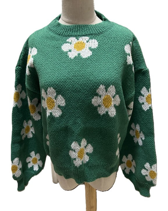 Daisy Jacquard Drop Shoulder Knit Sweater - Green