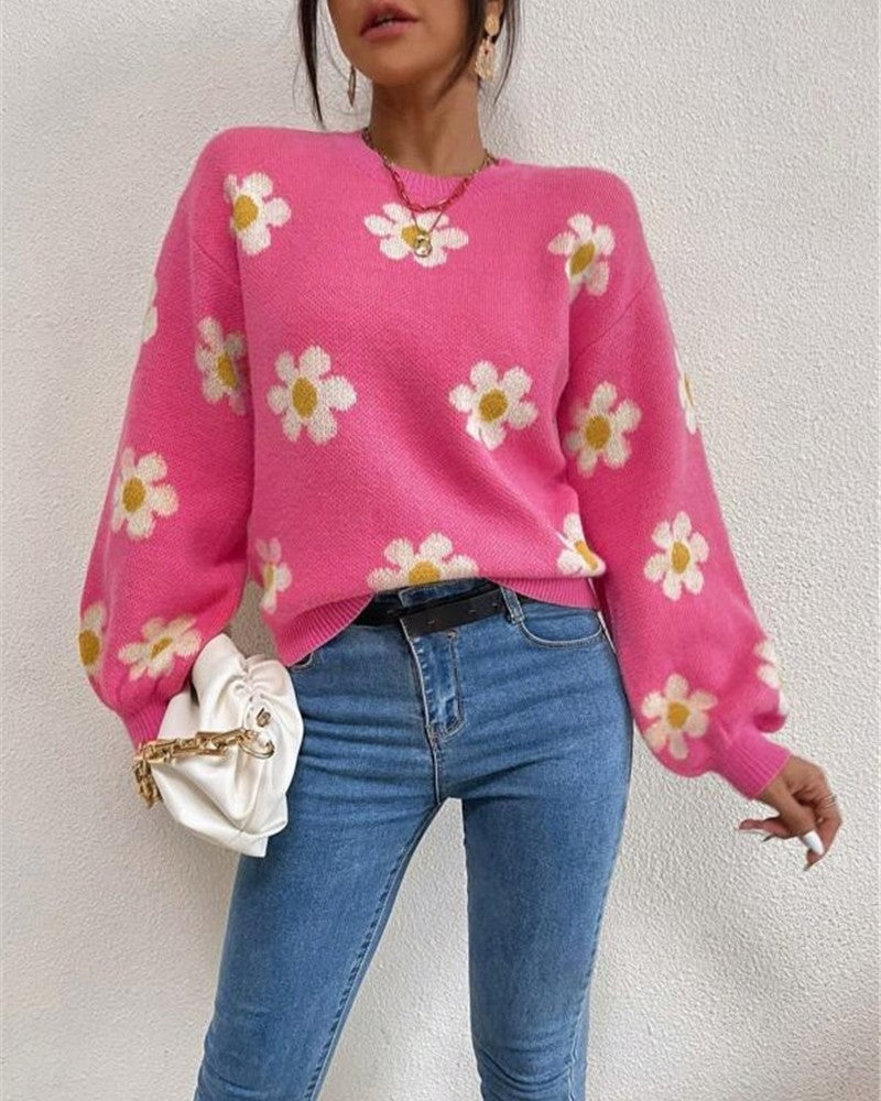 Daisy Jacquard Drop Shoulder Knit Sweater - Rose-Red