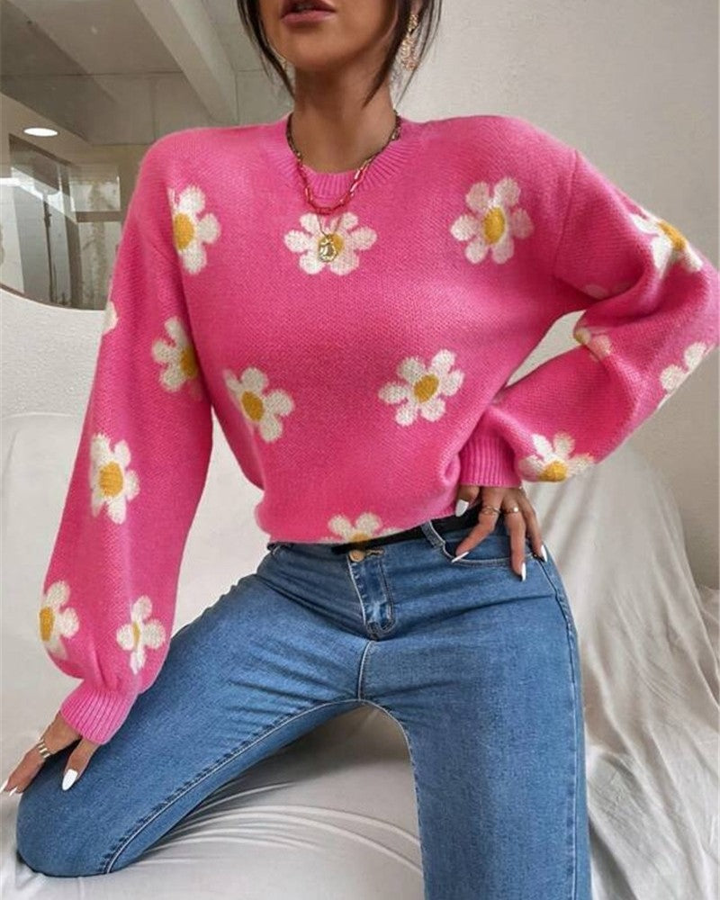 Daisy Jacquard Drop Shoulder Knit Sweater - Rose-Red - 1