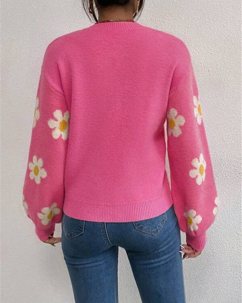 Daisy Jacquard Drop Shoulder Knit Sweater - Rose-Red - 2