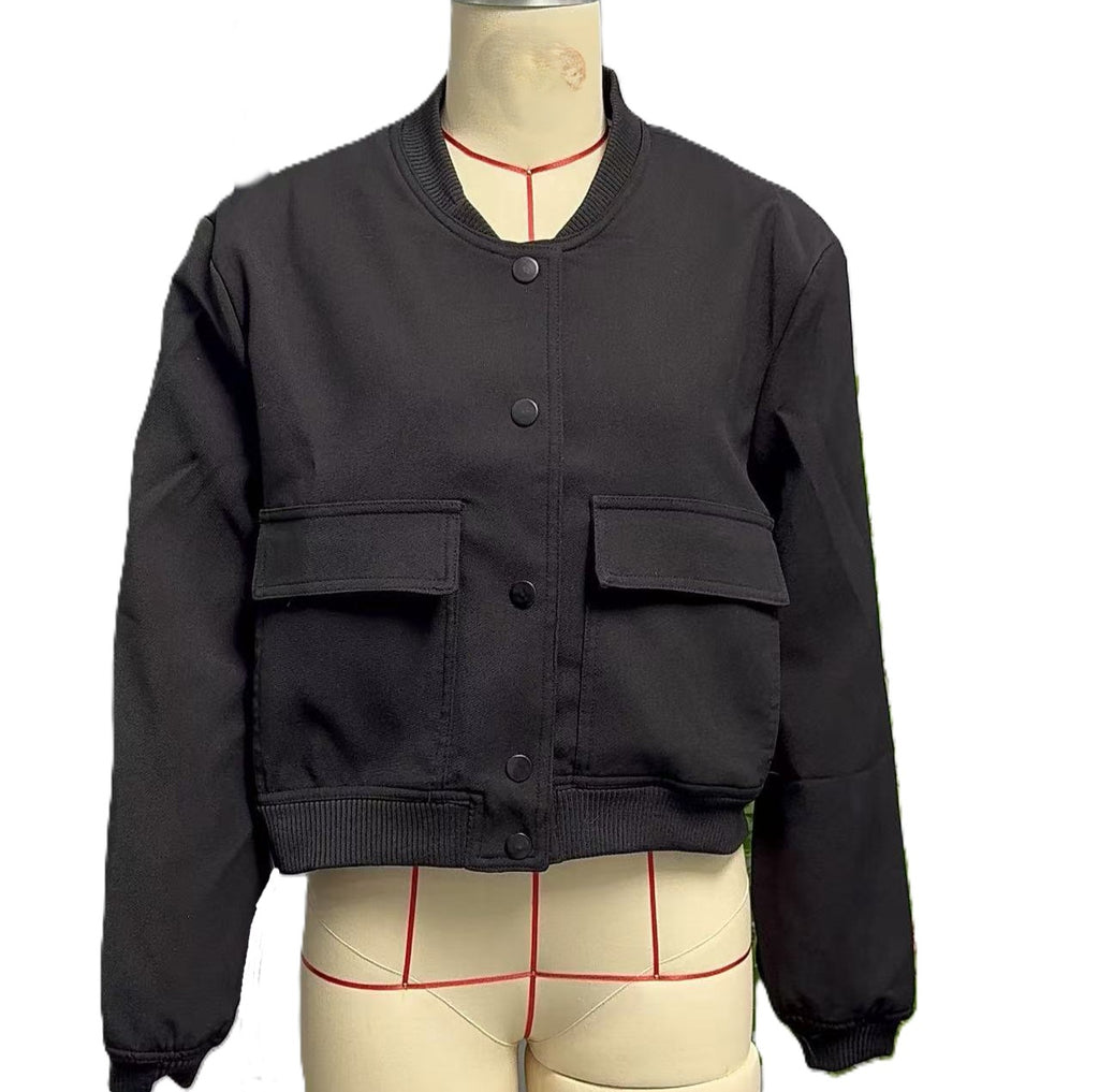 Cropped Bomber Jacket With Flap Pockets - Black