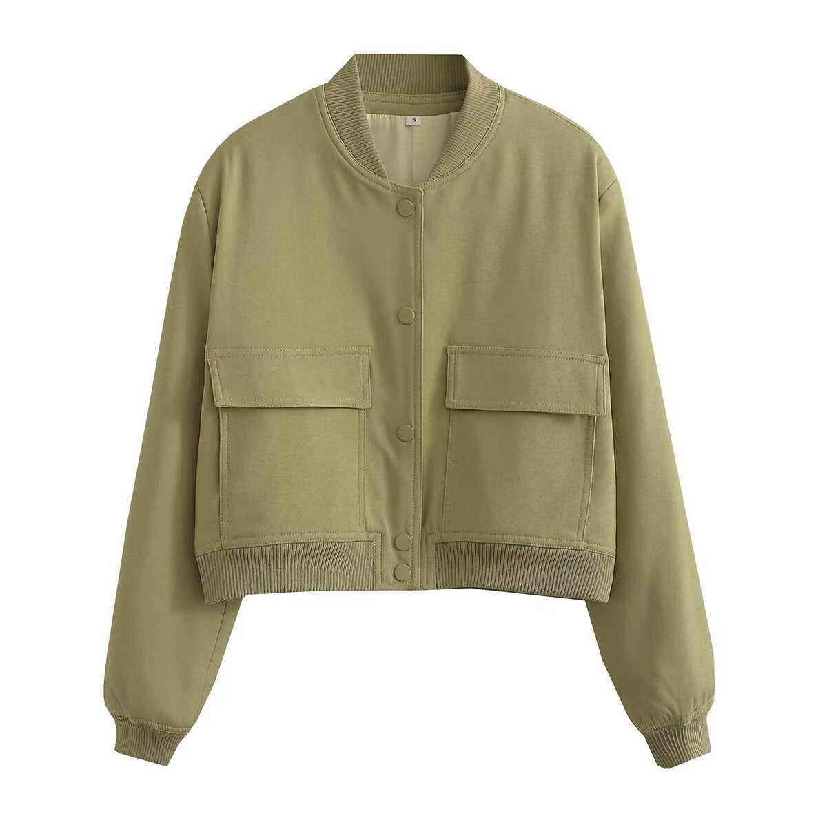 Cropped Bomber Jacket With Flap Pockets - Matcha