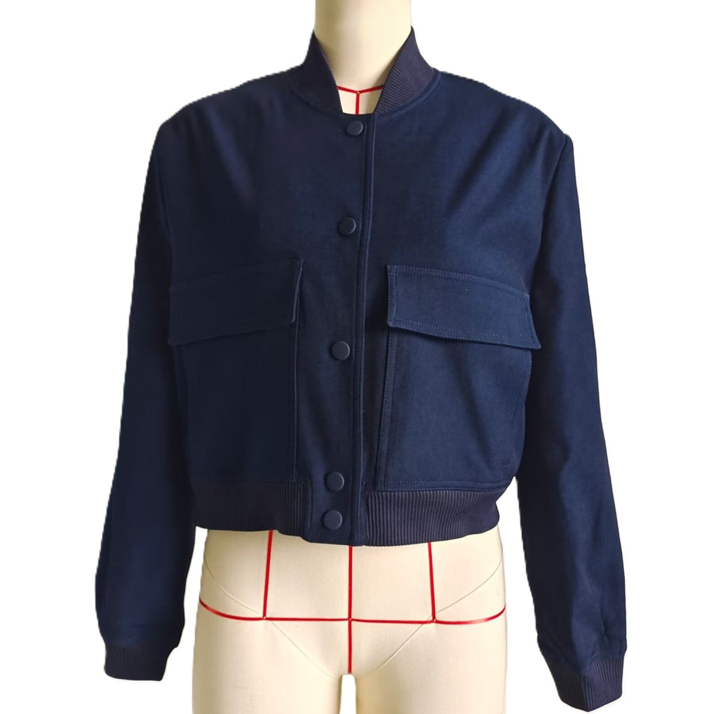 Cropped Bomber Jacket With Flap Pockets - Navyblue
