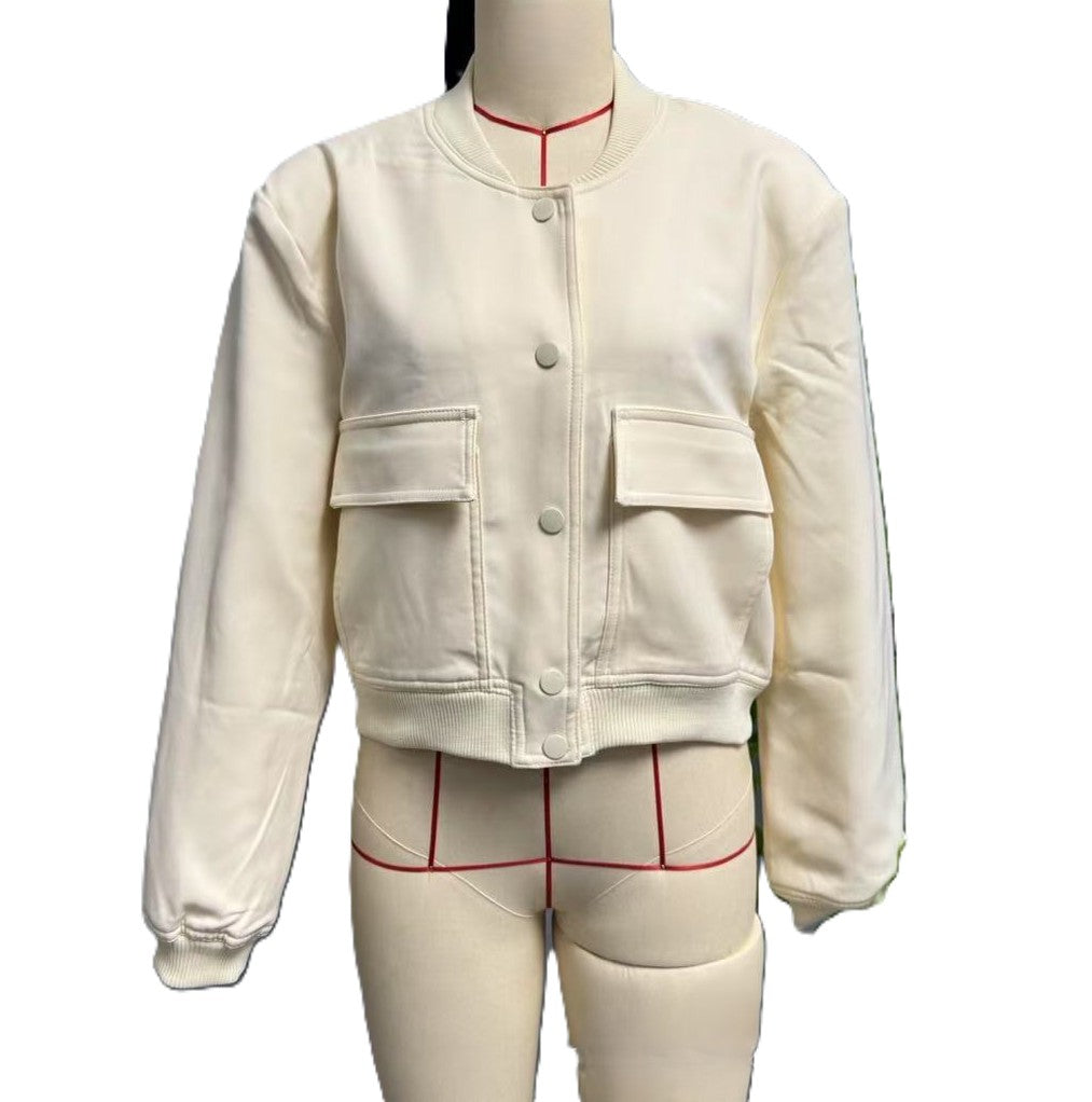 Cropped Bomber Jacket With Flap Pockets - White