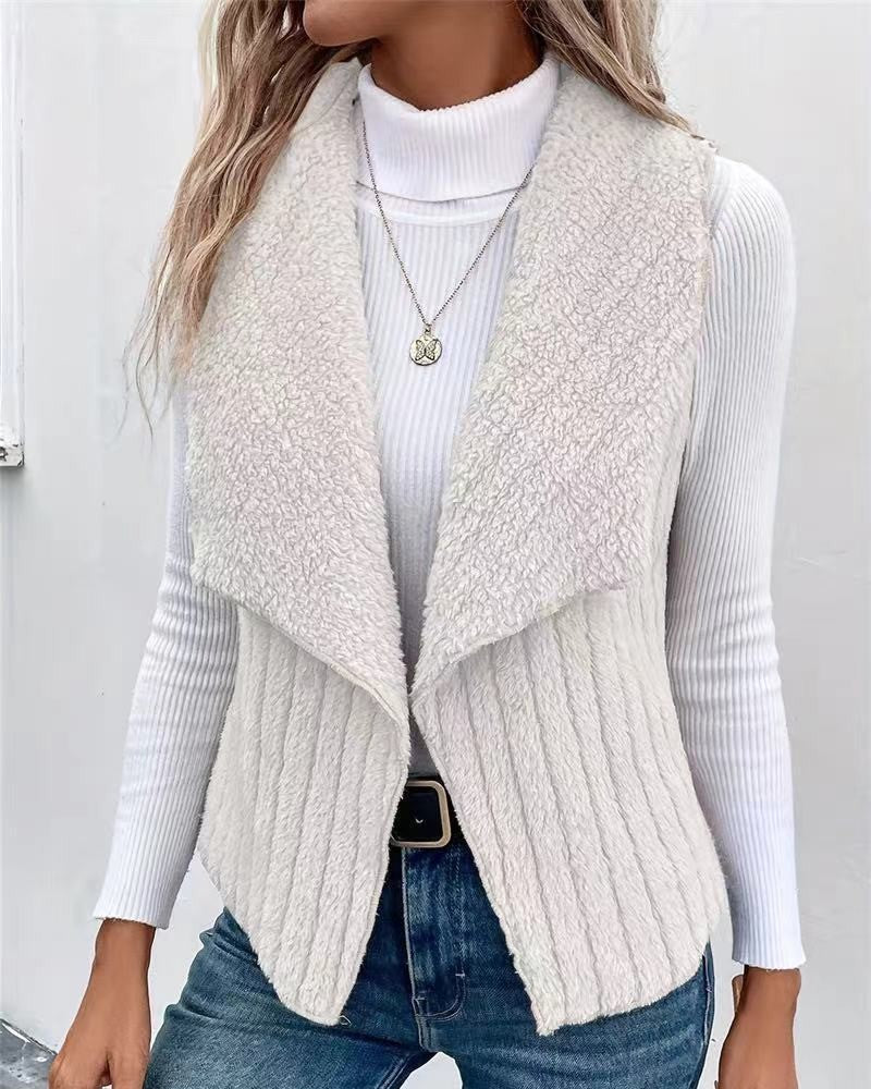 Draped Lapel Ribbed Plush Sleeveless Vest - White