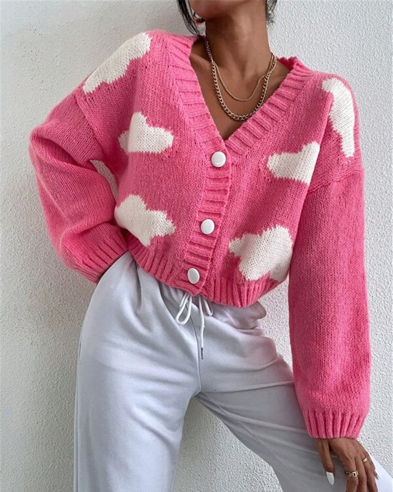 Cloud Pattern V-Neck Cropped Knit Cardigan - Pink