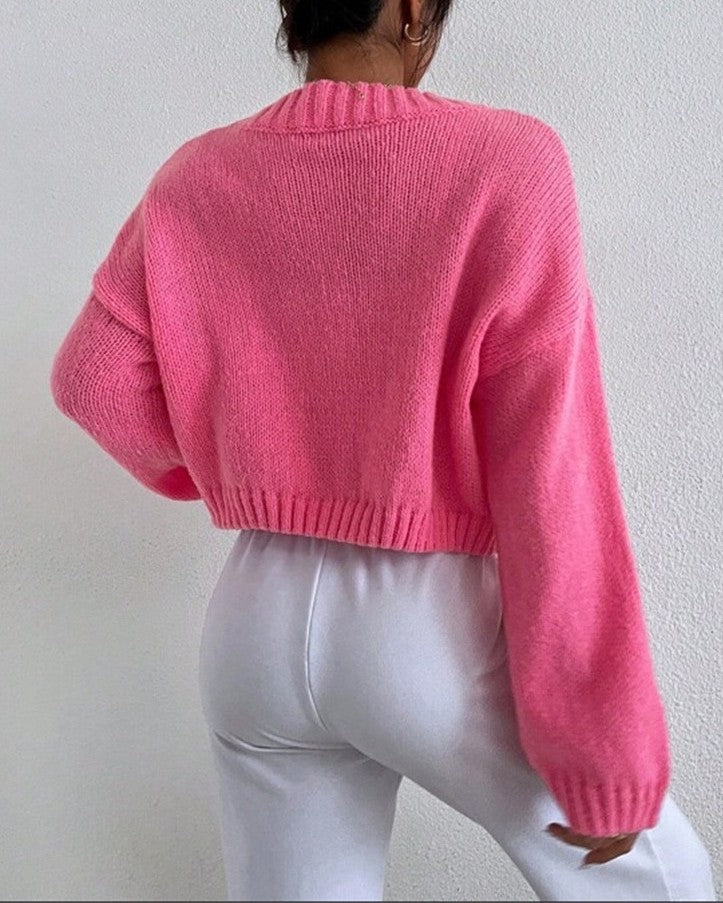 Cloud Pattern V-Neck Cropped Knit Cardigan - Pink - 2