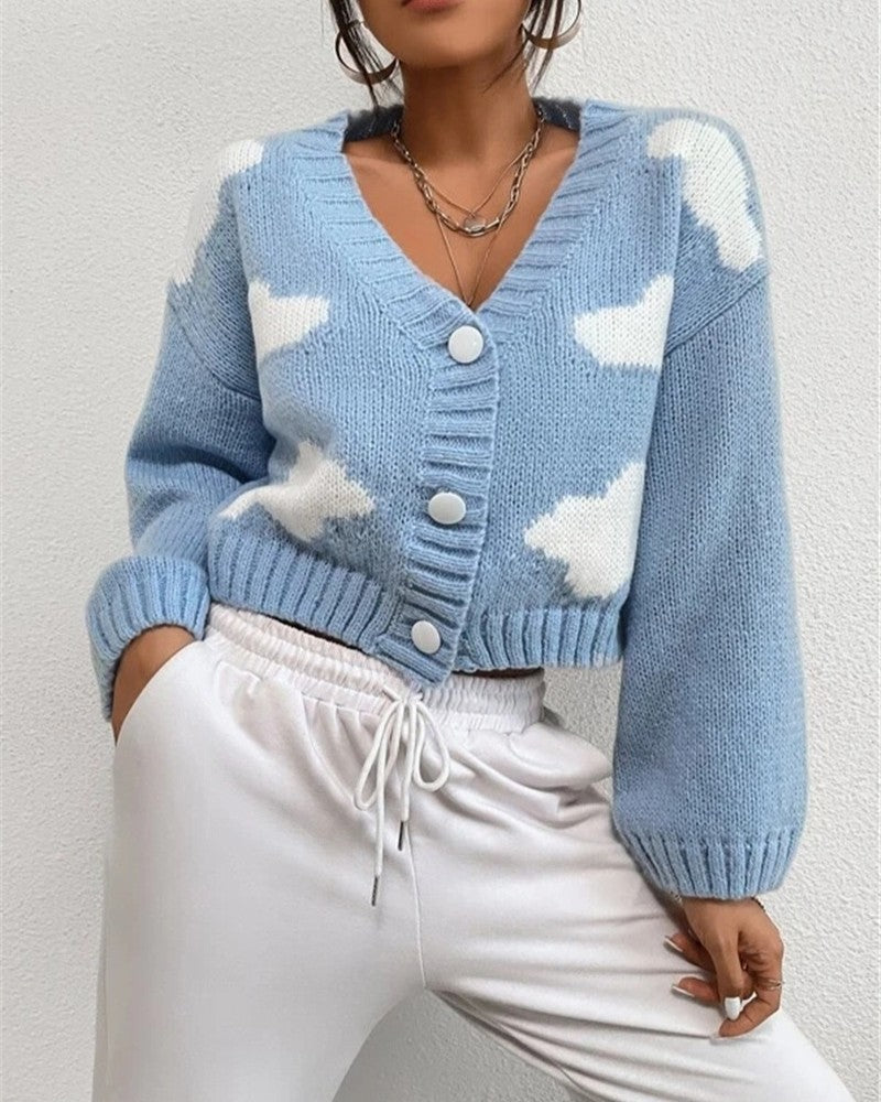 Cloud Pattern V-Neck Cropped Knit Cardigan - Pink - 3