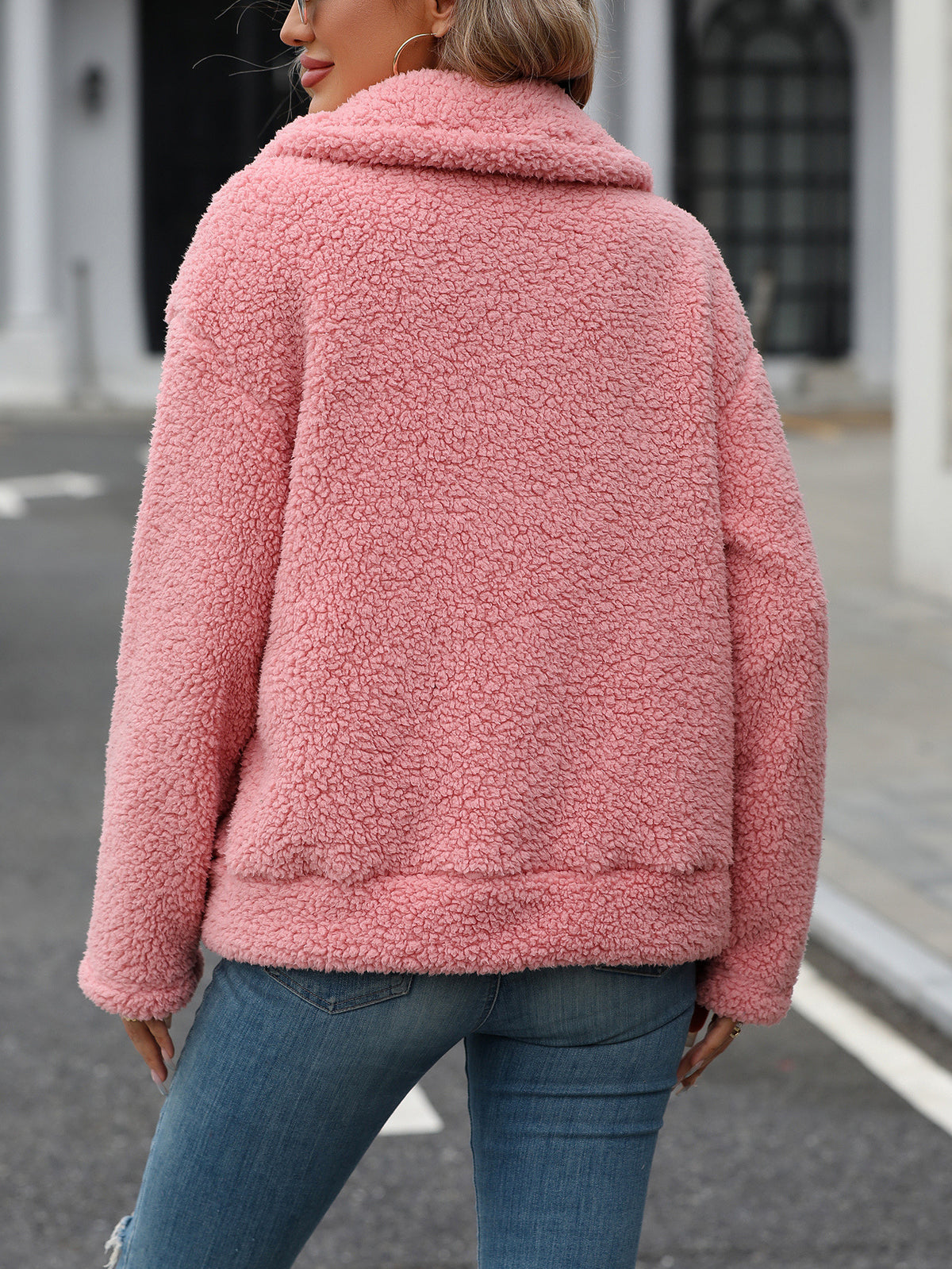 Plush Sherpa Collared Zip Front Jacket - Pink - 2