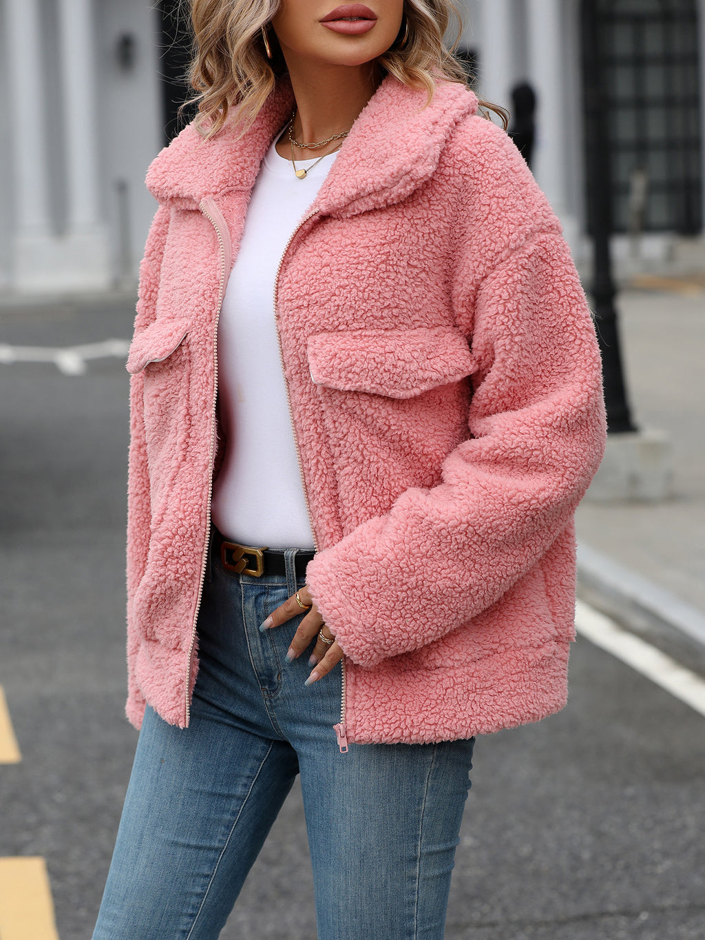 Plush Sherpa Collared Zip Front Jacket - Pink - 3