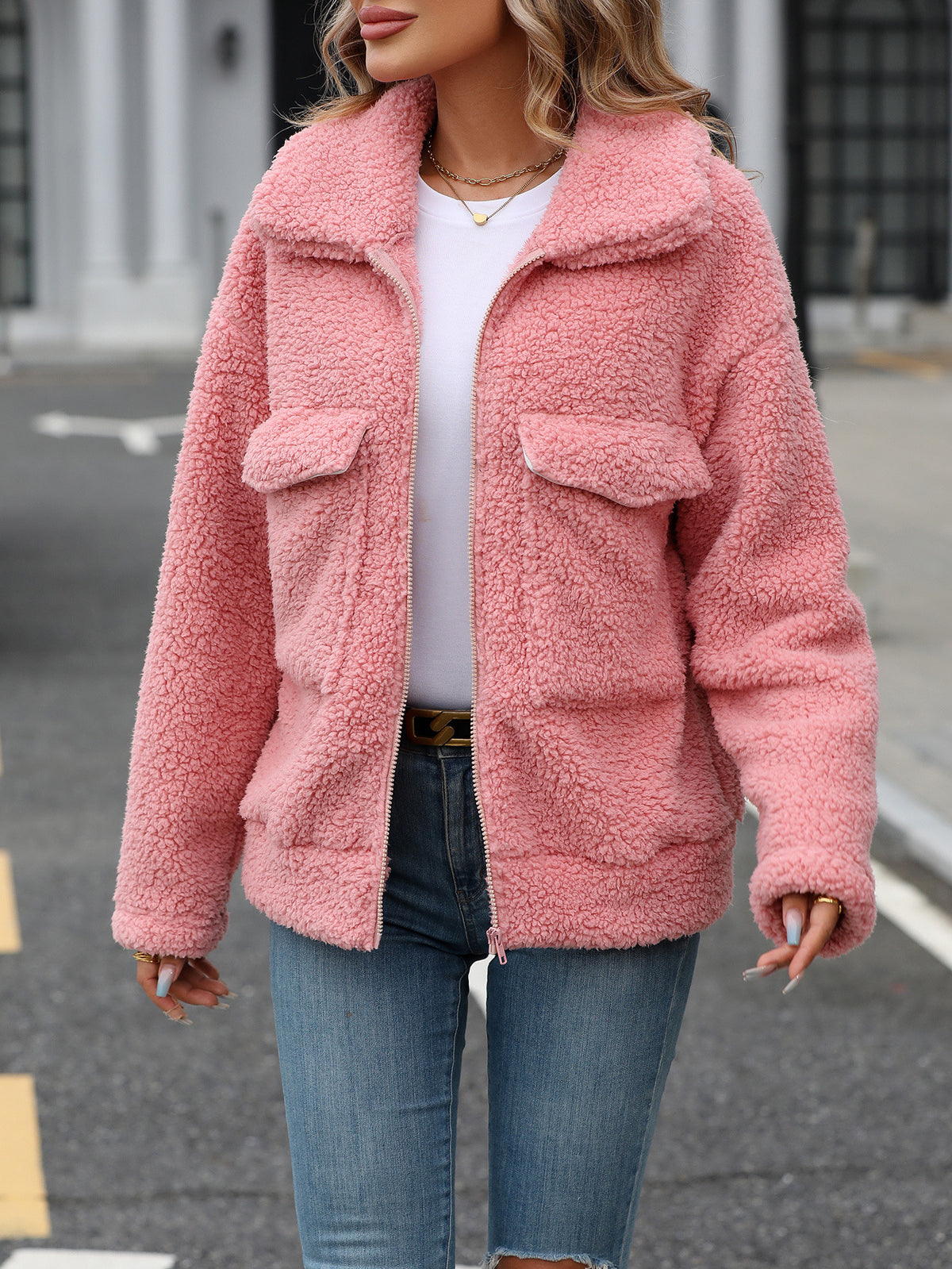 Plush Sherpa Collared Zip Front Jacket - Pink - 4