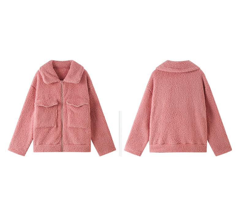 Plush Sherpa Collared Zip Front Jacket - Pink - 5