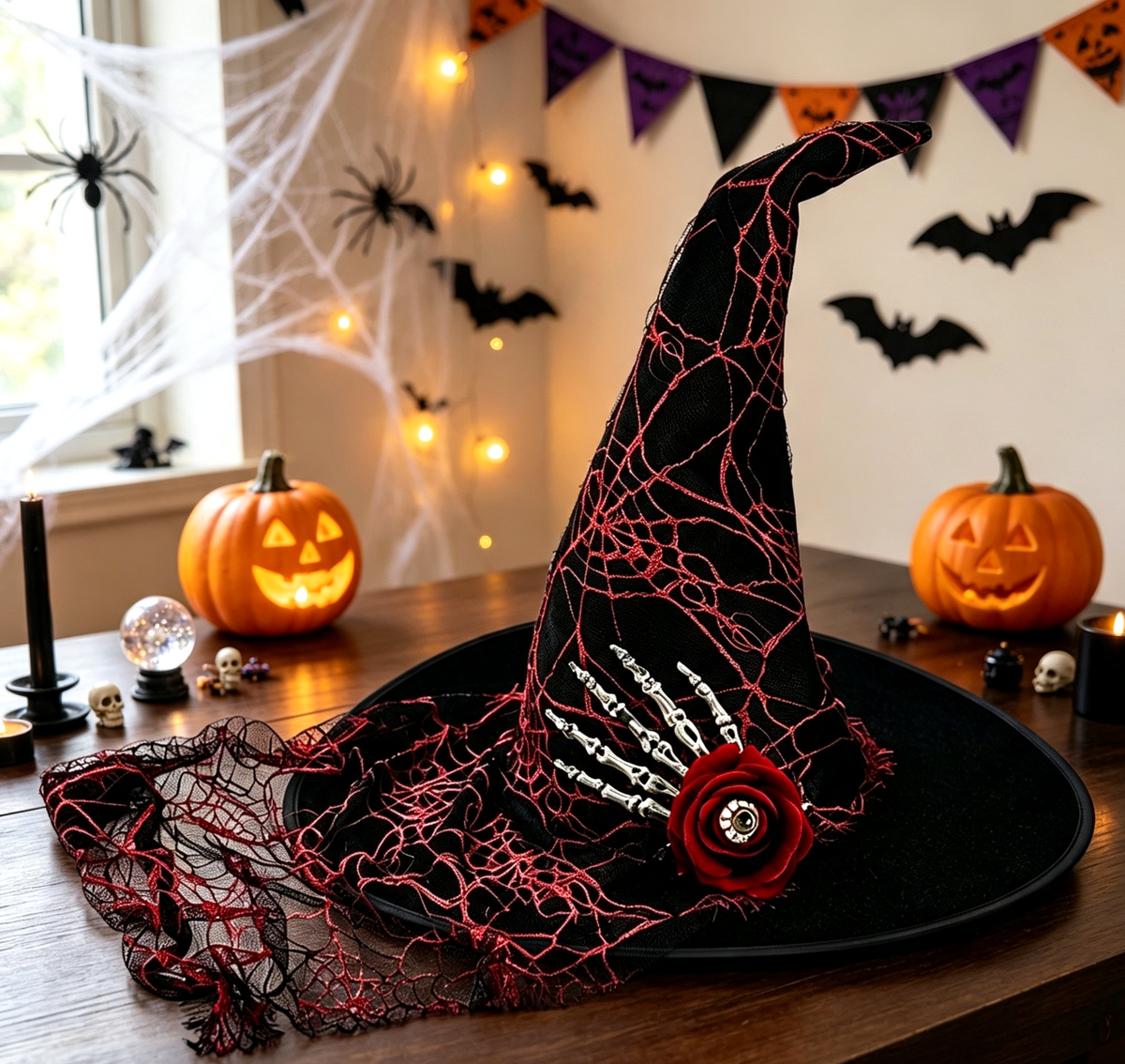 Spiderweb Veil Costume Hat With Skeleton Hand - Black