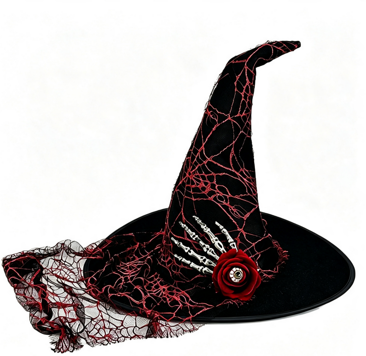 Spiderweb Veil Costume Hat With Skeleton Hand - Black - 3