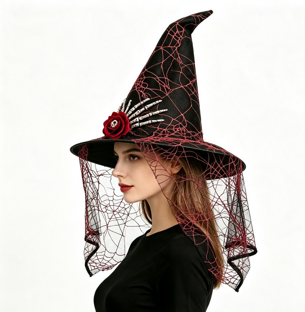 Spiderweb Veil Costume Hat With Skeleton Hand - Black - 4