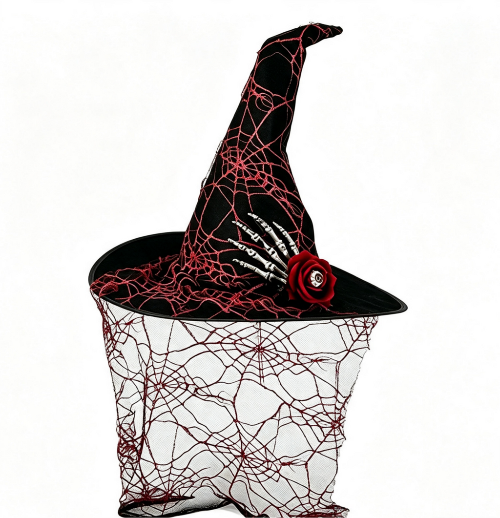Spiderweb Veil Costume Hat With Skeleton Hand - Black - 5