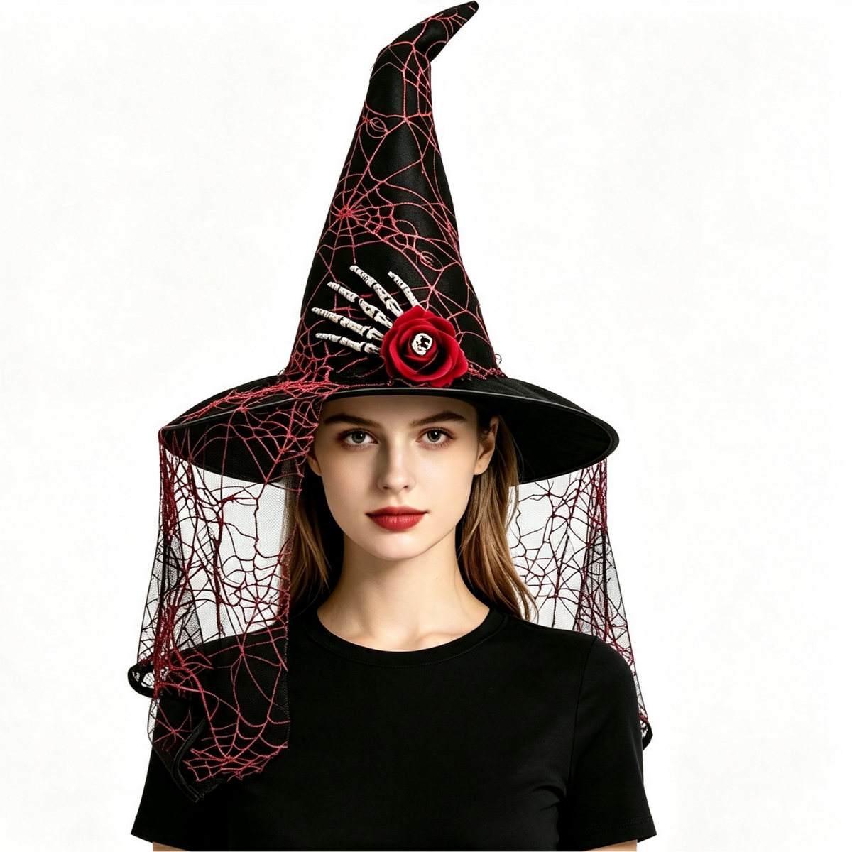 Spiderweb Veil Costume Hat With Skeleton Hand - Black - 6
