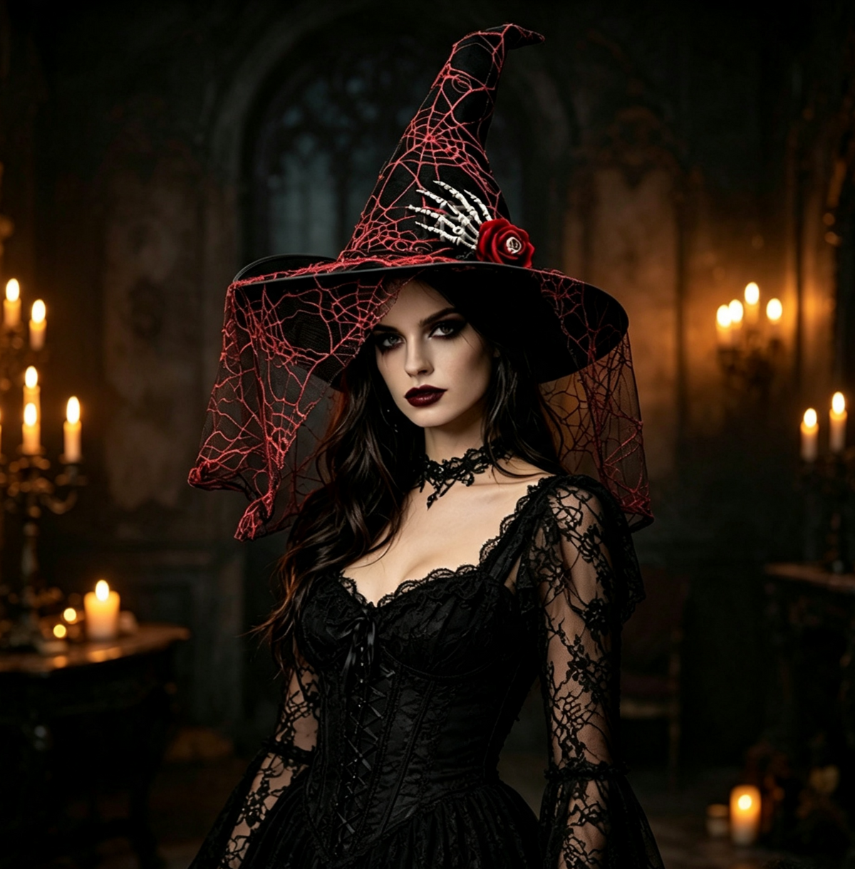 Spiderweb Veil Costume Hat With Skeleton Hand - Black - 7