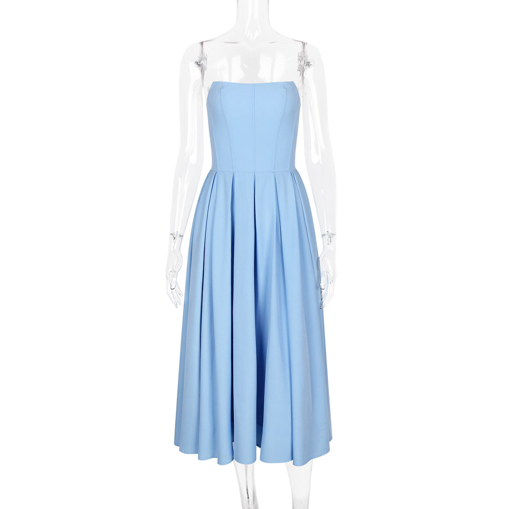 Corset Bodice Pleated Midi Occasion Dress - blue - 5