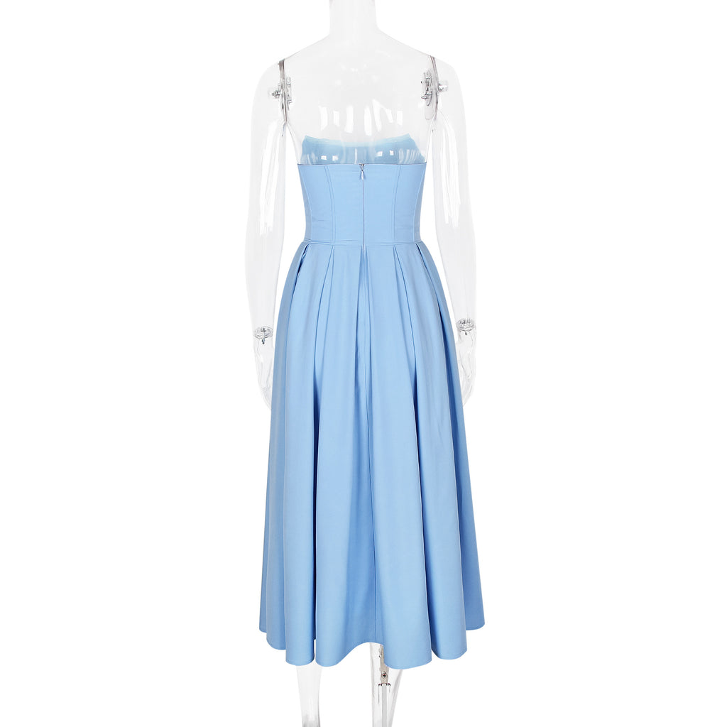 Corset Bodice Pleated Midi Occasion Dress - blue - 8