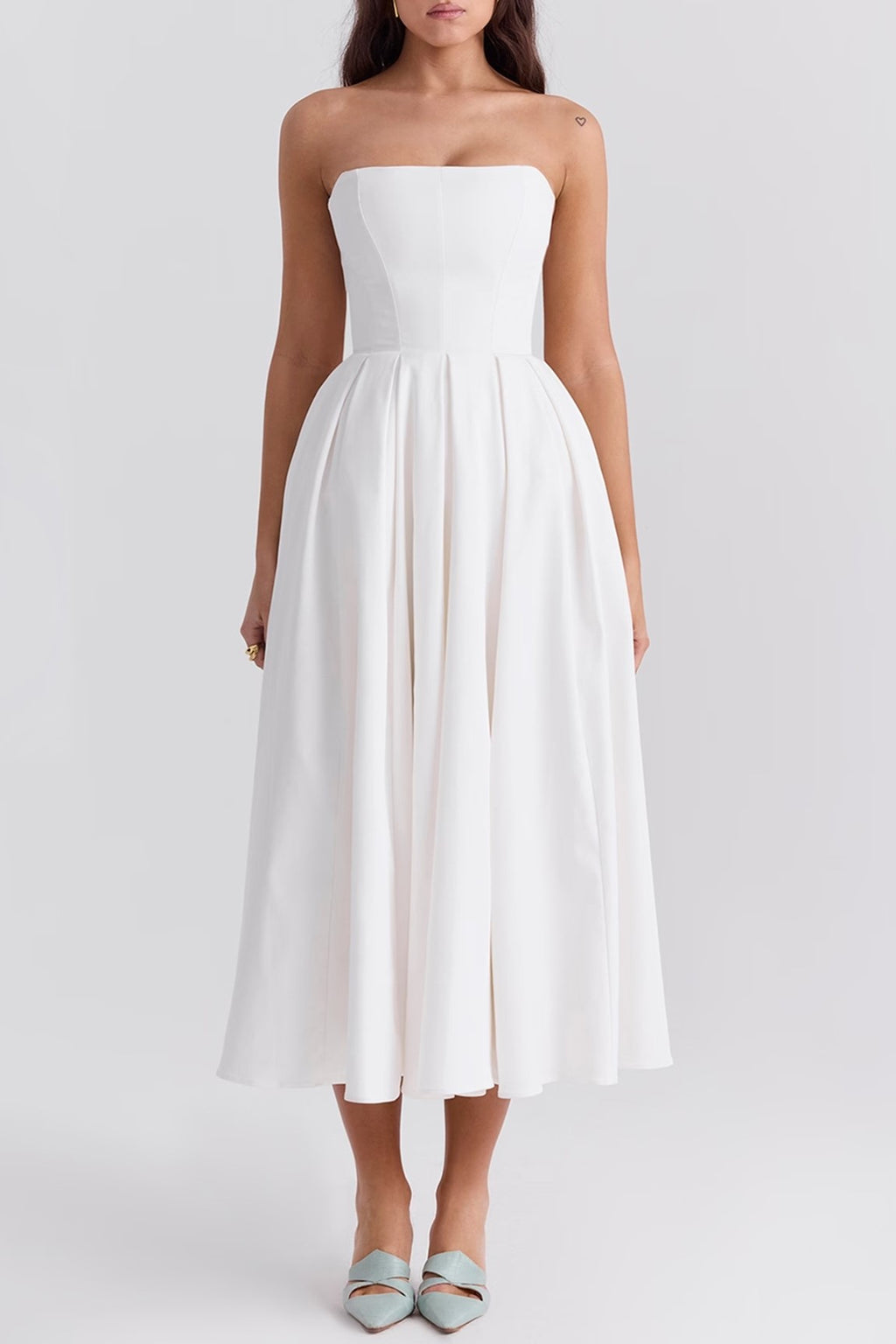 Corset Bodice Pleated Midi Occasion Dress - white