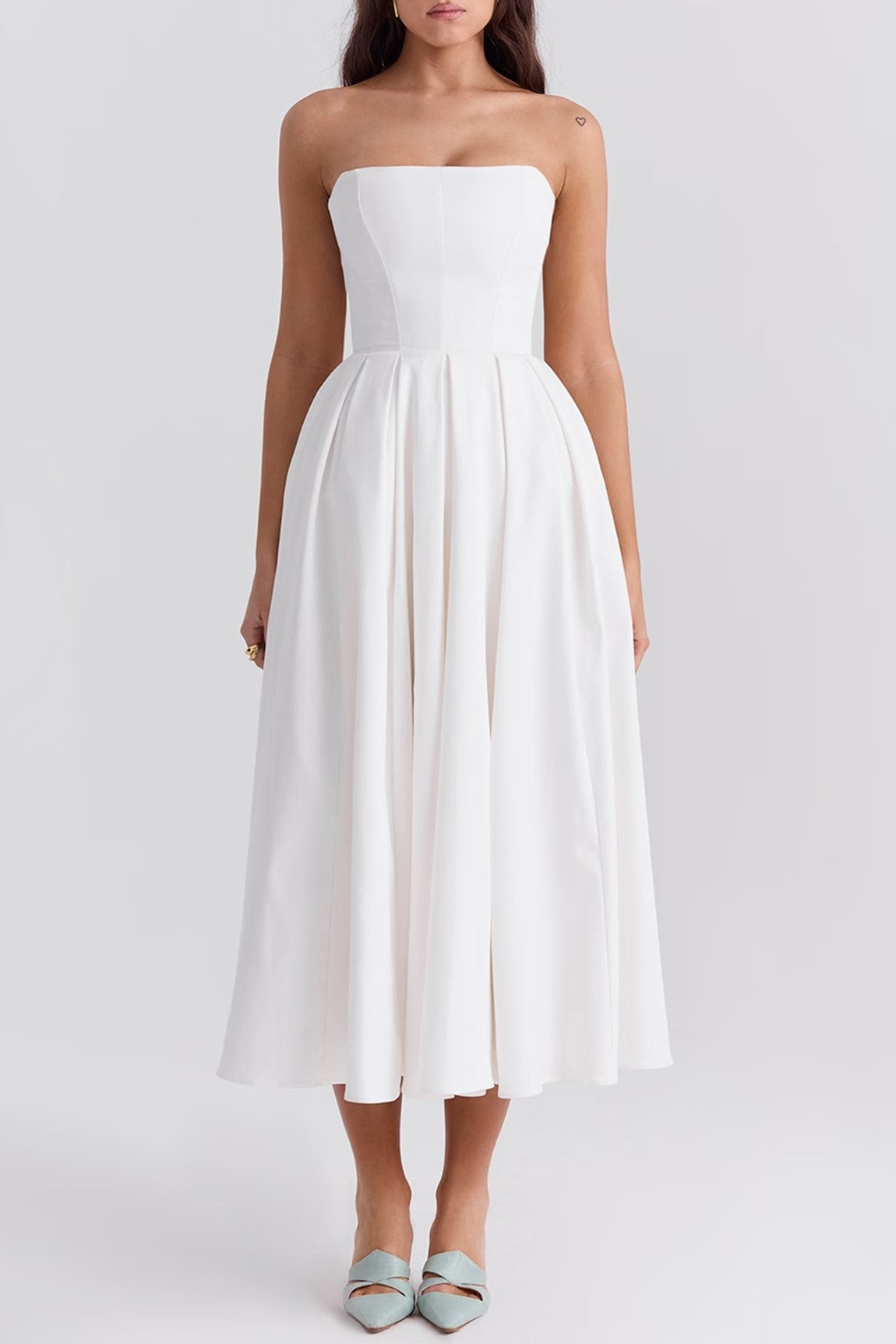 Corset Bodice Pleated Midi Occasion Dress - white