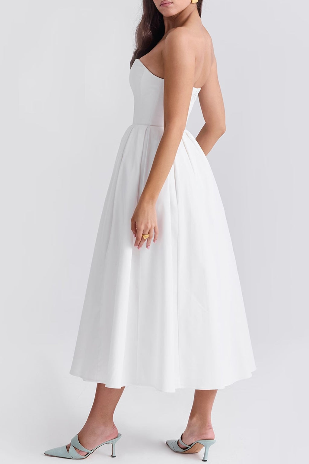 Corset Bodice Pleated Midi Occasion Dress - white - 3