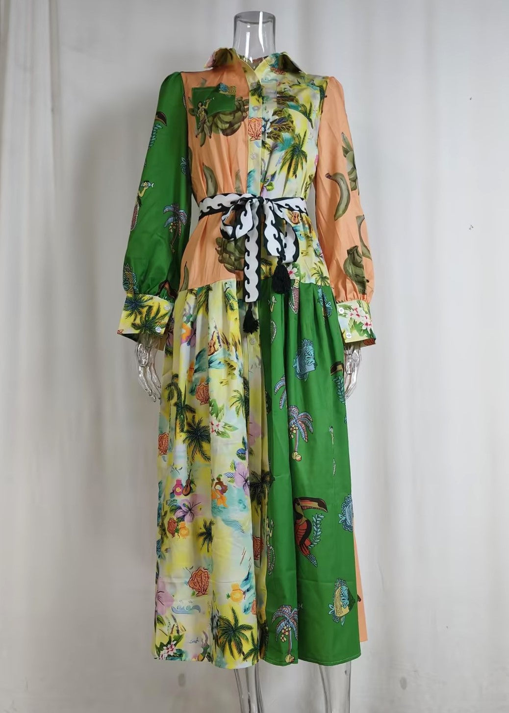 Contrast Tropical Print Belted Maxi Dress - Green