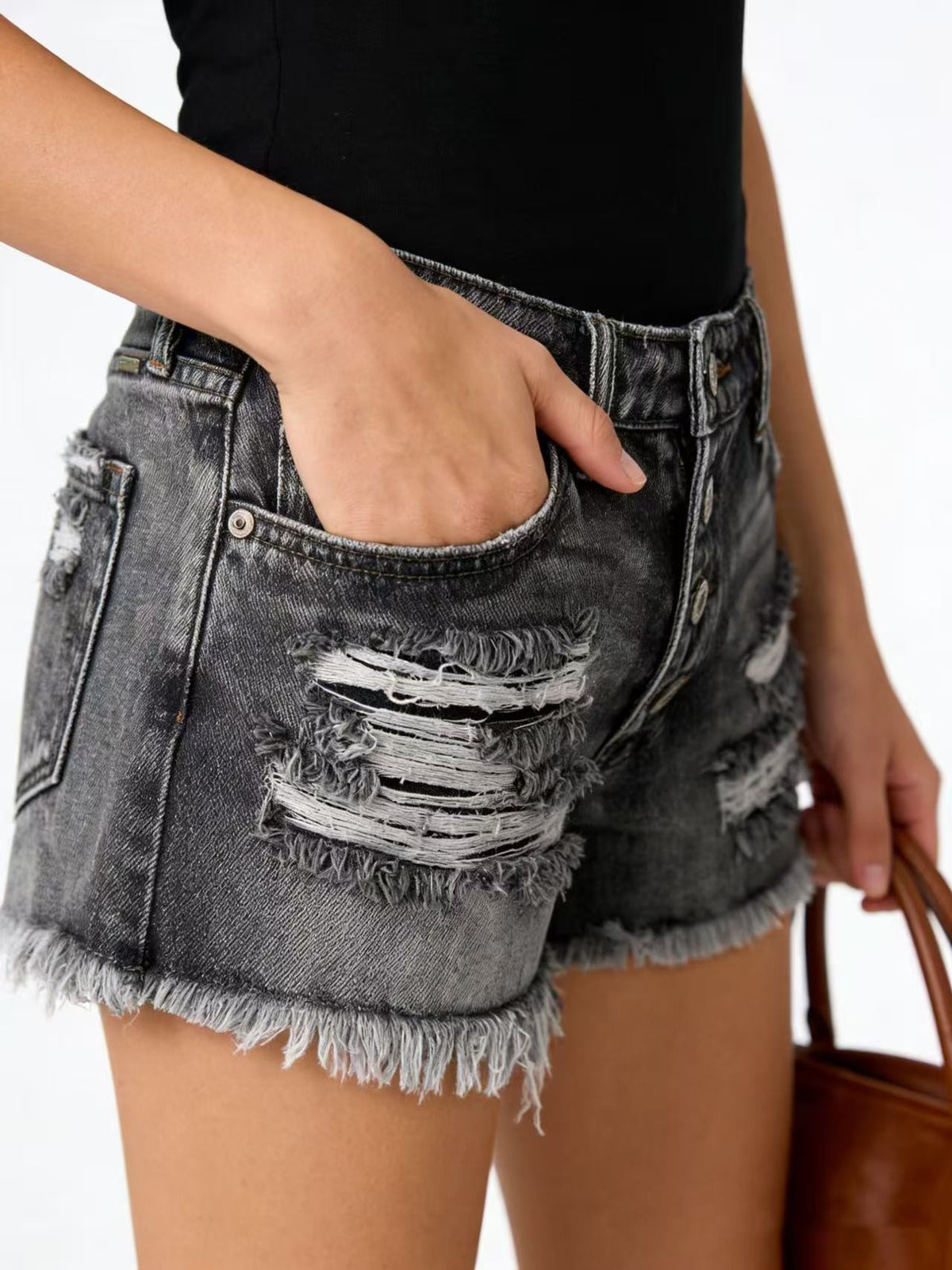 Distressed Raw Hem Denim Cutoff Shorts - Grey - 1