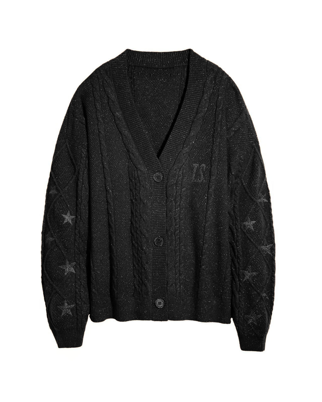 Slouchy Star Motif Button Down Cardigan - Black