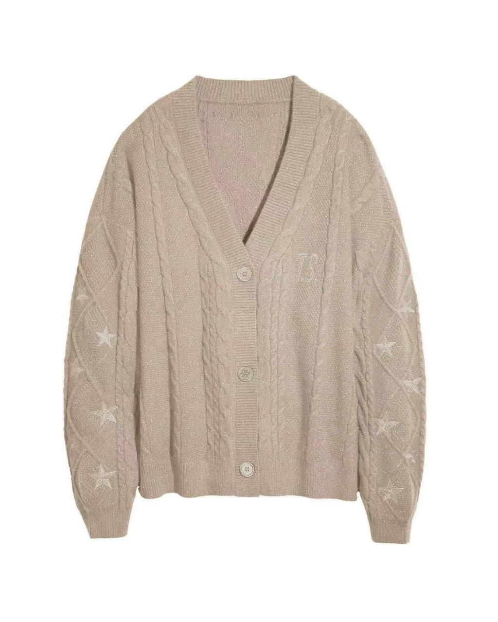 Slouchy Star Motif Button Down Cardigan - Khaki