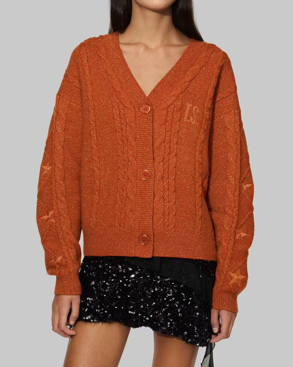Slouchy Star Motif Button Down Cardigan - Orange - 1