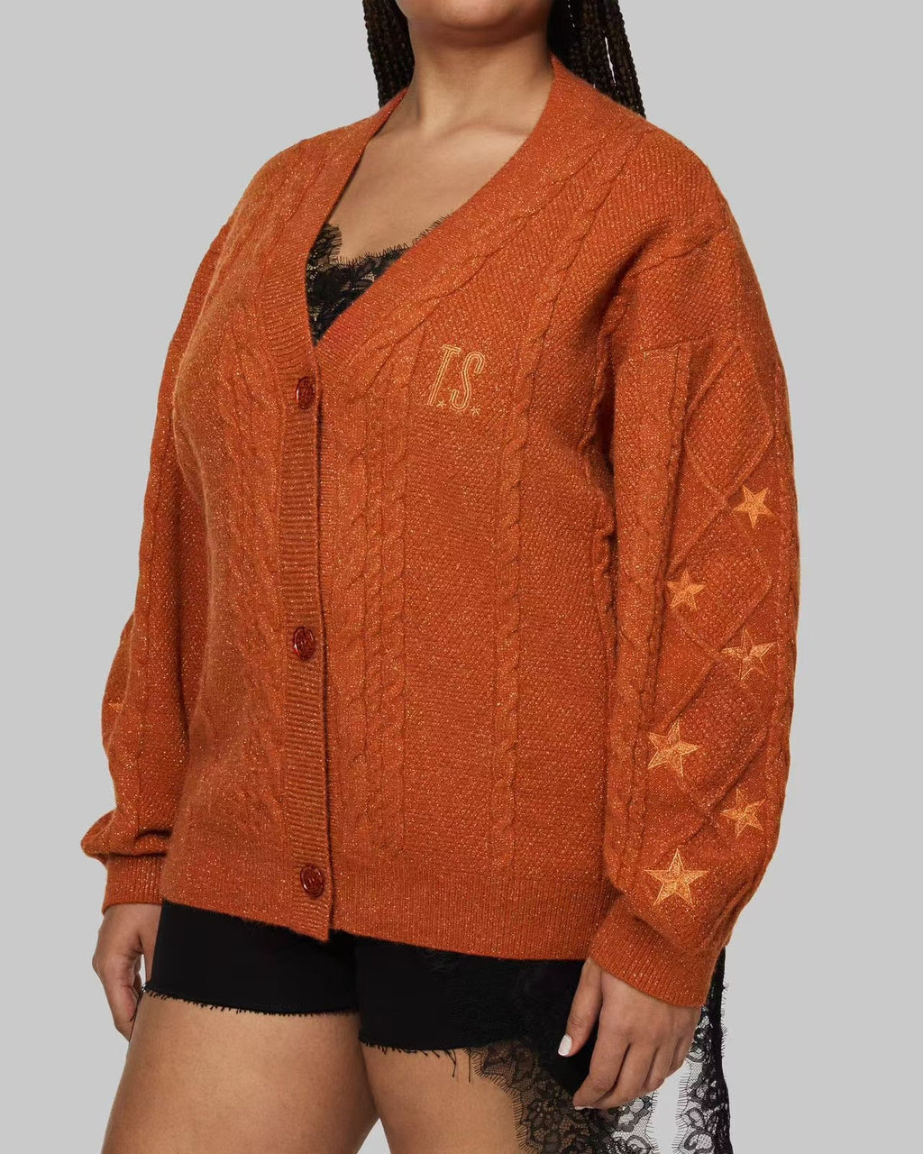 Slouchy Star Motif Button Down Cardigan - Orange - 3