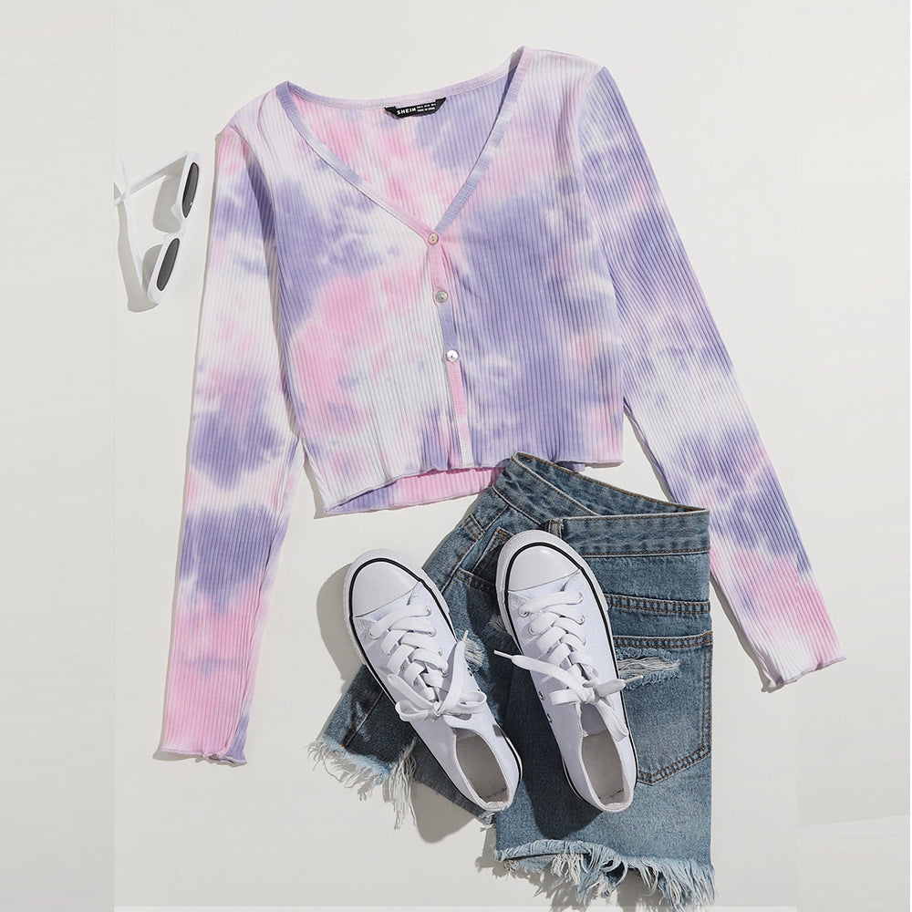 Tie Dye Button Front Cropped Knit Top - Pink