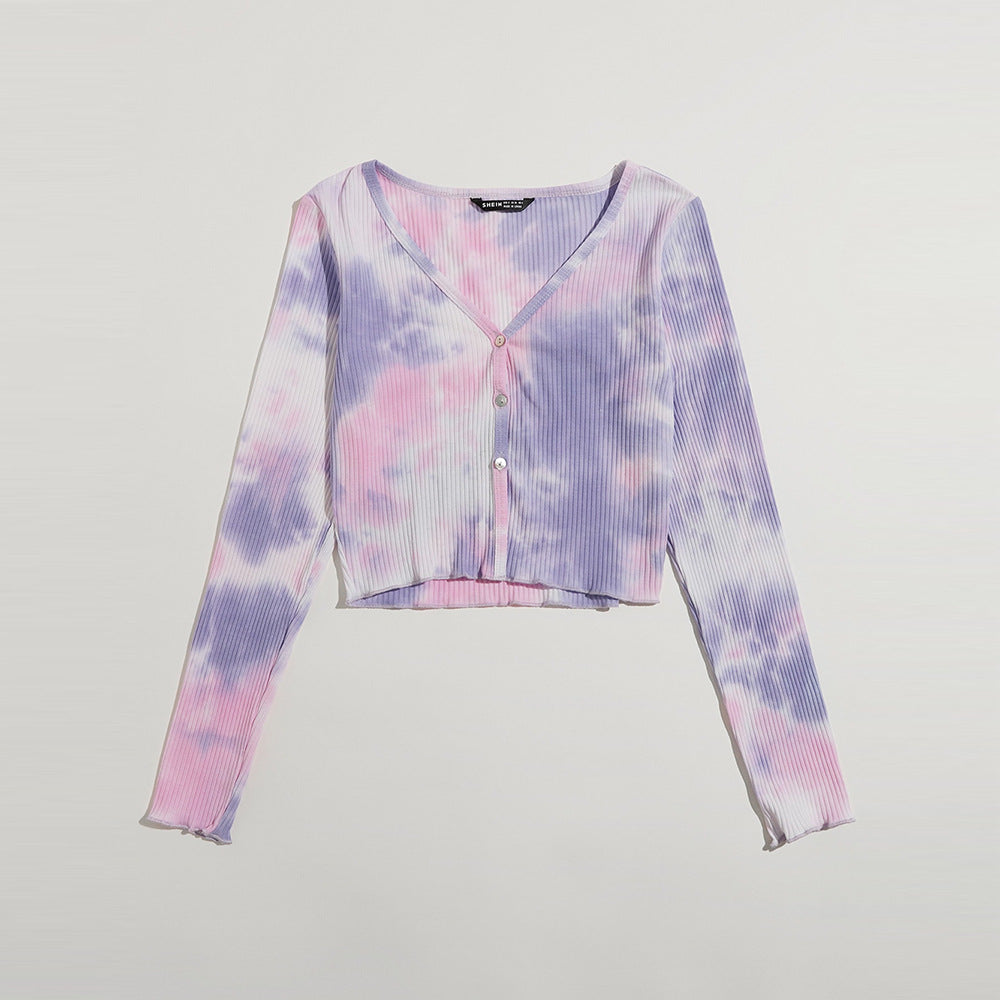 Tie Dye Button Front Cropped Knit Top - Pink - 1
