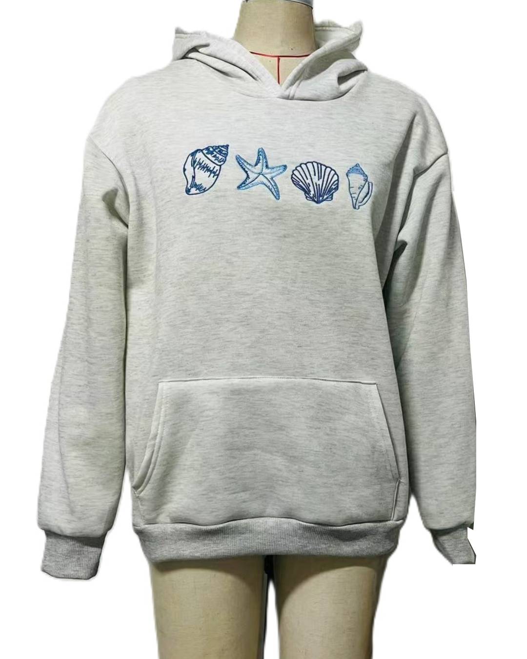 Seashell Embroidered Oversized Hoodie - Grey