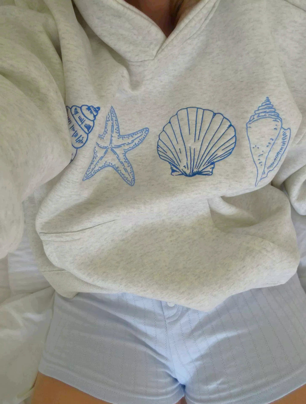 Seashell Embroidered Oversized Hoodie - Grey - 2