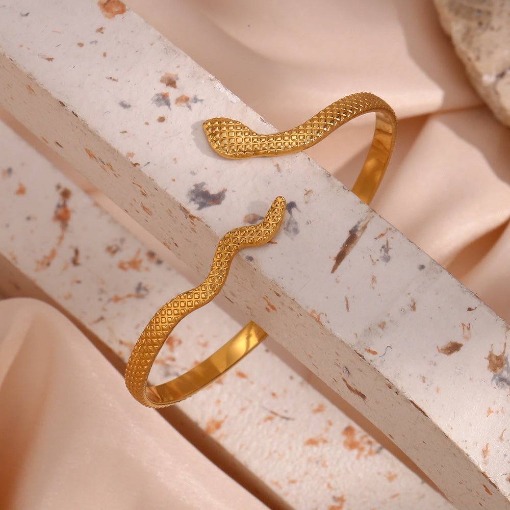 Textured Snake Wrap Open Cuff Bracelet - Snake - 2