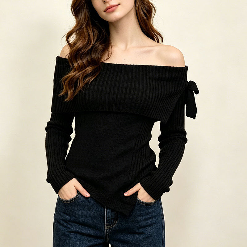 Asymmetric Hem Bardot Rib Knit Top - Black