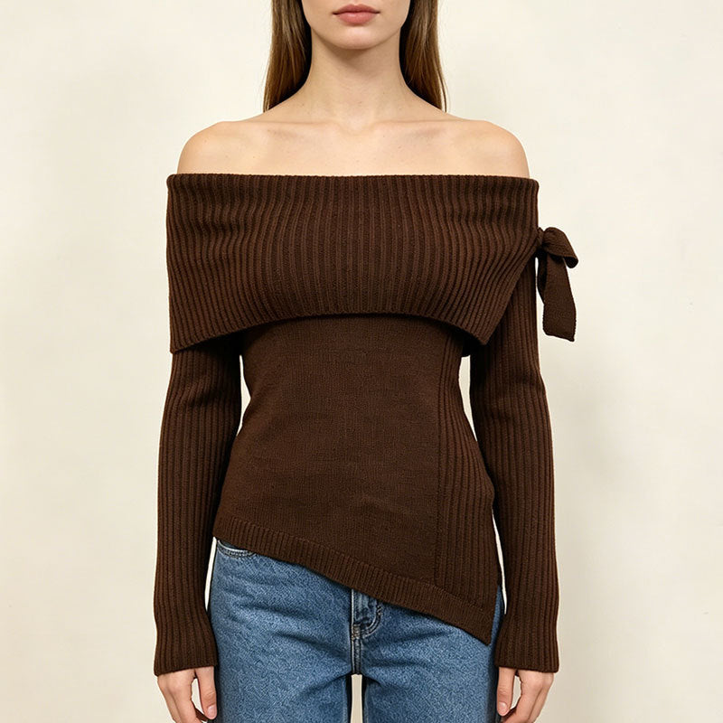 Asymmetric Hem Bardot Rib Knit Top - Brown