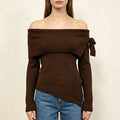 Asymmetric Hem Bardot Rib Knit Top - Brown