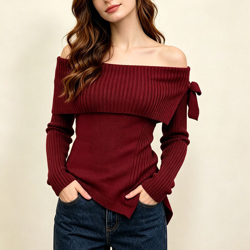 Asymmetric Hem Bardot Rib Knit Top - Red