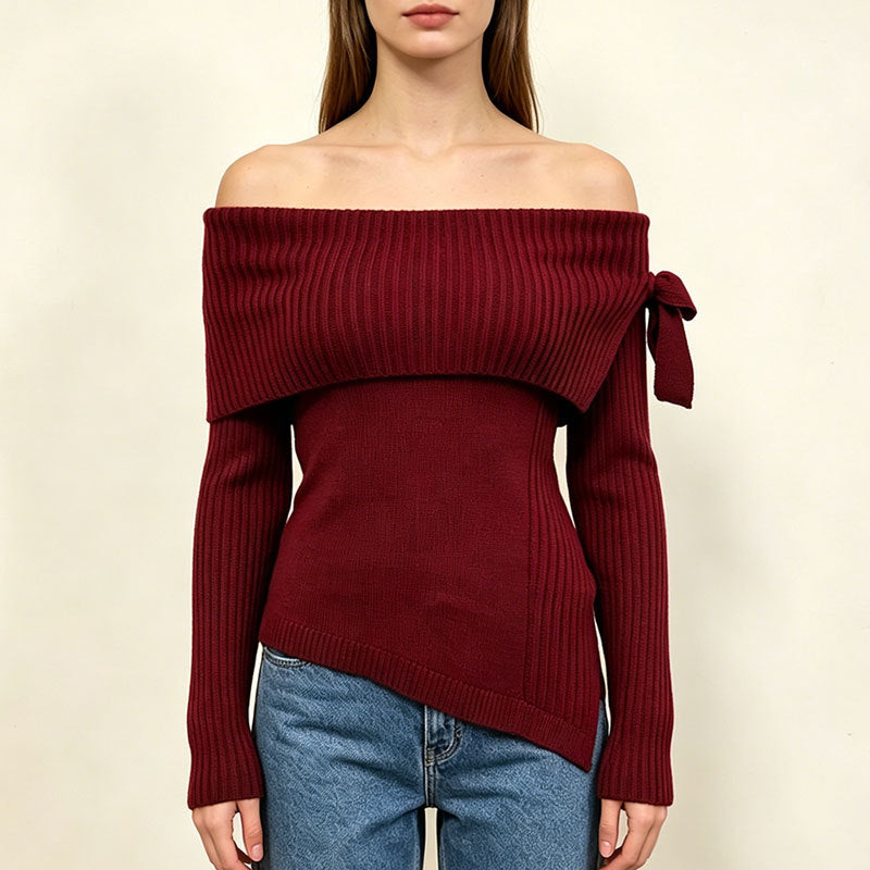 Asymmetric Hem Bardot Rib Knit Top - Red - 1