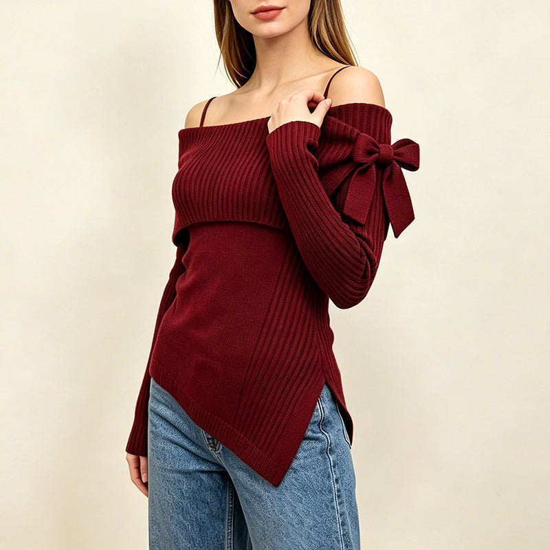 Asymmetric Hem Bardot Rib Knit Top - Red - 2